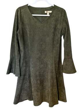 Aryeh VTG Velour Dress Y2K Bell Sleeves Olive Green V Neck Boho Whimsey Goth Lg